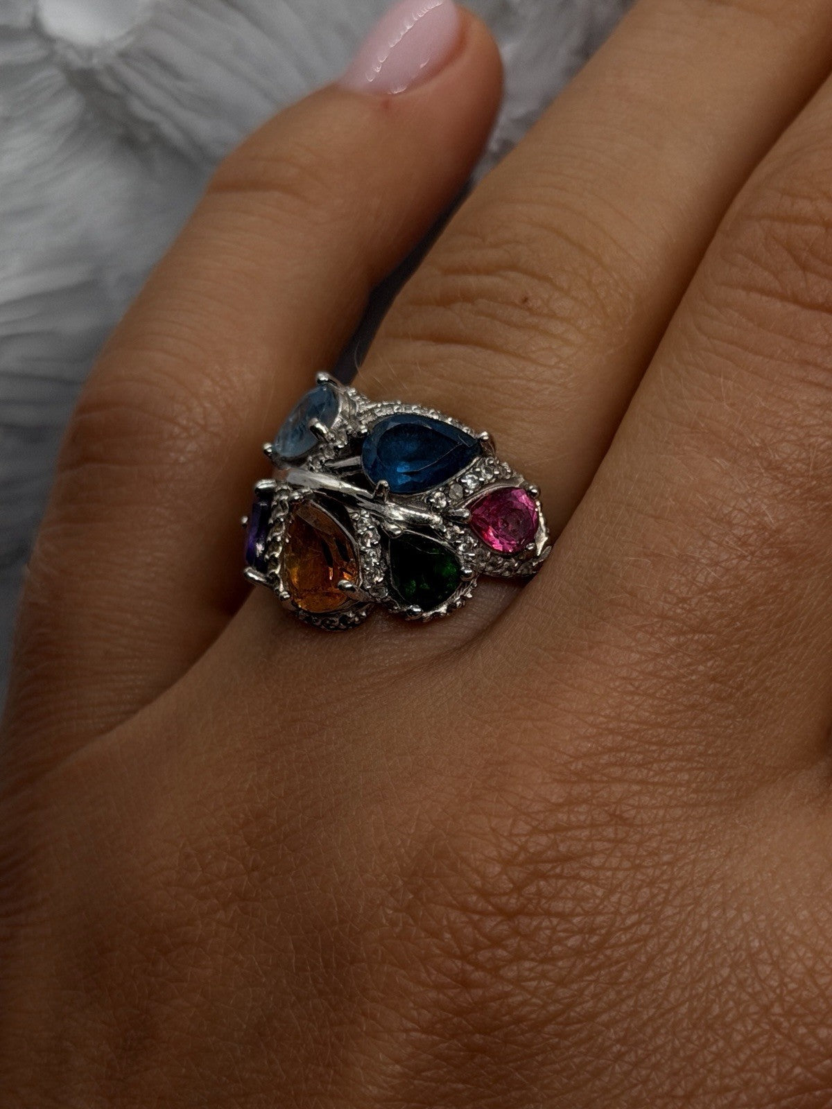 925 Sterling Silver Multi Color Tourmaline  Ring Size 6 Floral Design