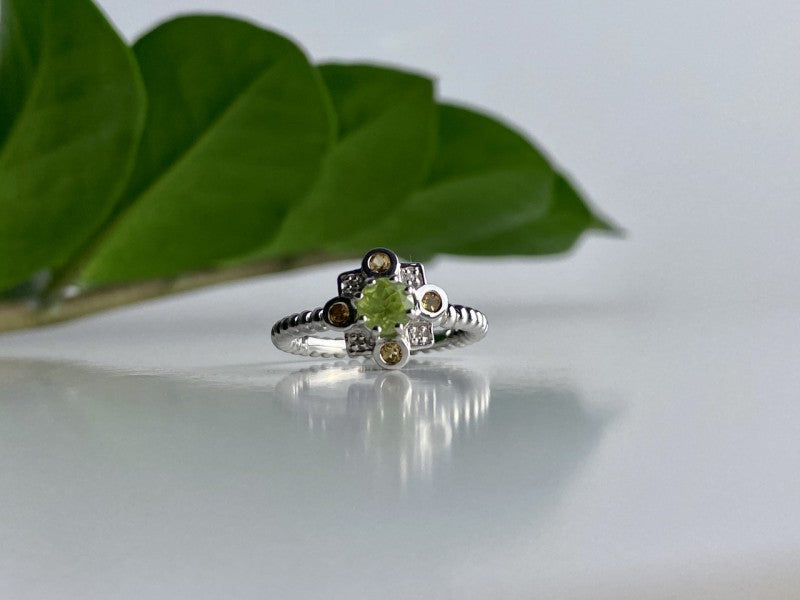 925 Sterling Silver Peridot, Citrine & White Sapphire Ring Size 7