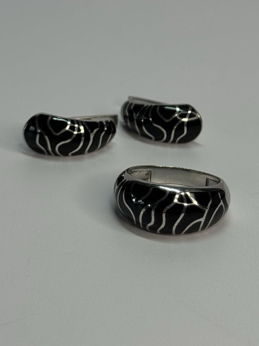 925 Sterling Silver Enamel Ring & Earrings Set Size 9