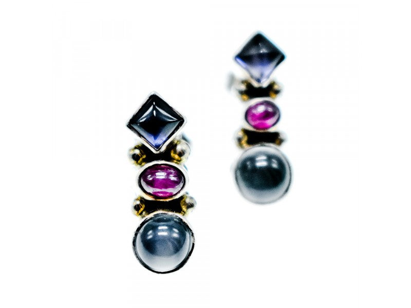 925 Sterling Silver Moonstone, Sapphire & Ruby Stud Earrings