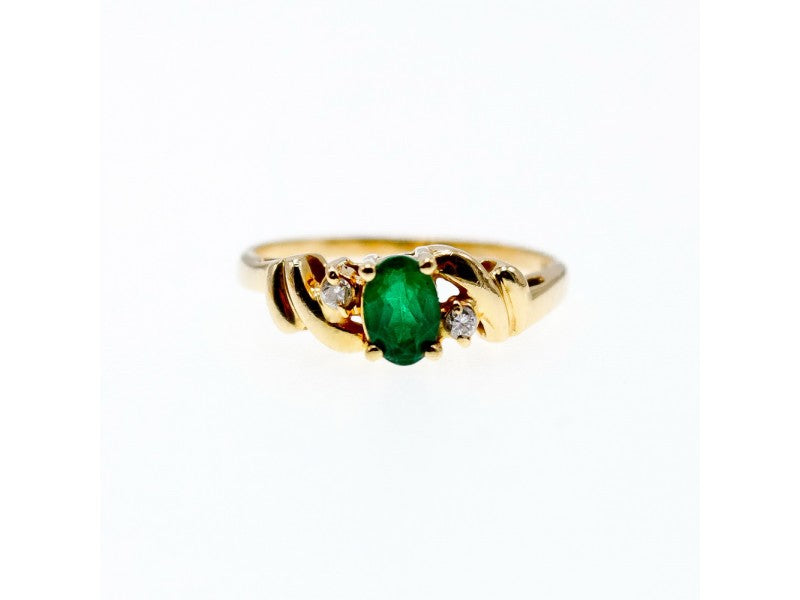 14K Yellow Gold Emerald & Diamonds Ring Size 8