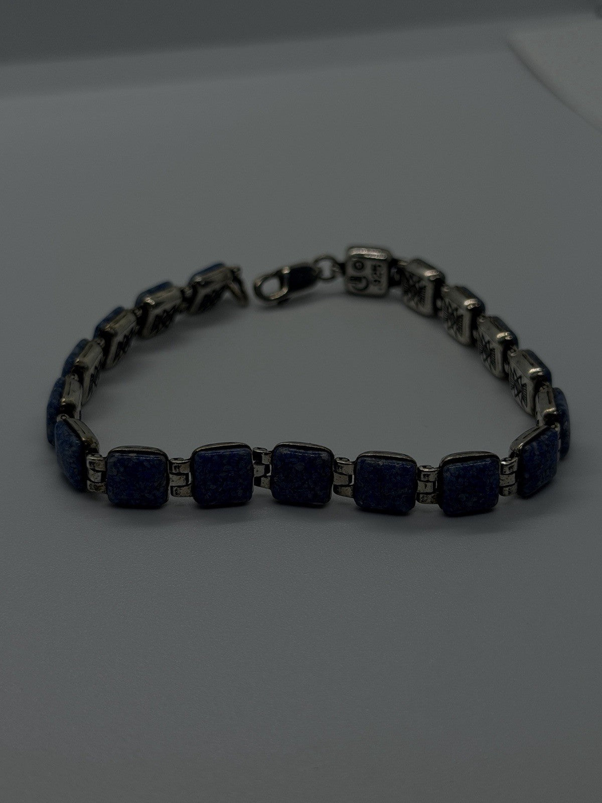 Geometric Southwestern 925 Sterling Silver Lapis Lazuli Square Link Bracelet 7.5