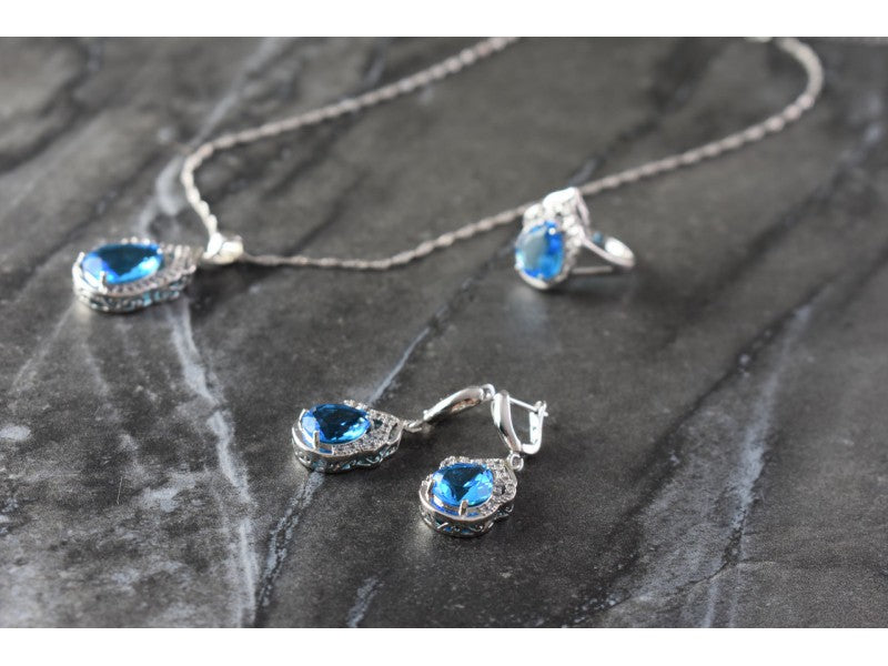 925 Sterling Silver Blue CZ ( Imitation Topaz ) SET