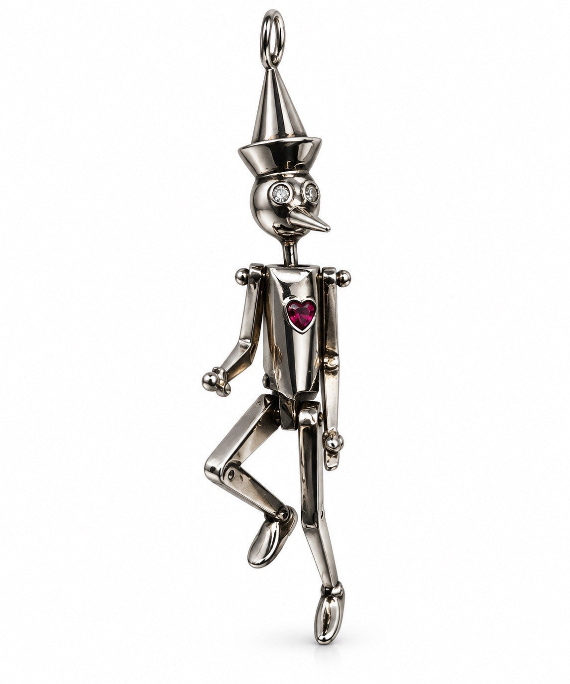 925 Sterling Silver Pinocchio Ruby Heart & Clear Topaz Eyes Pendant
