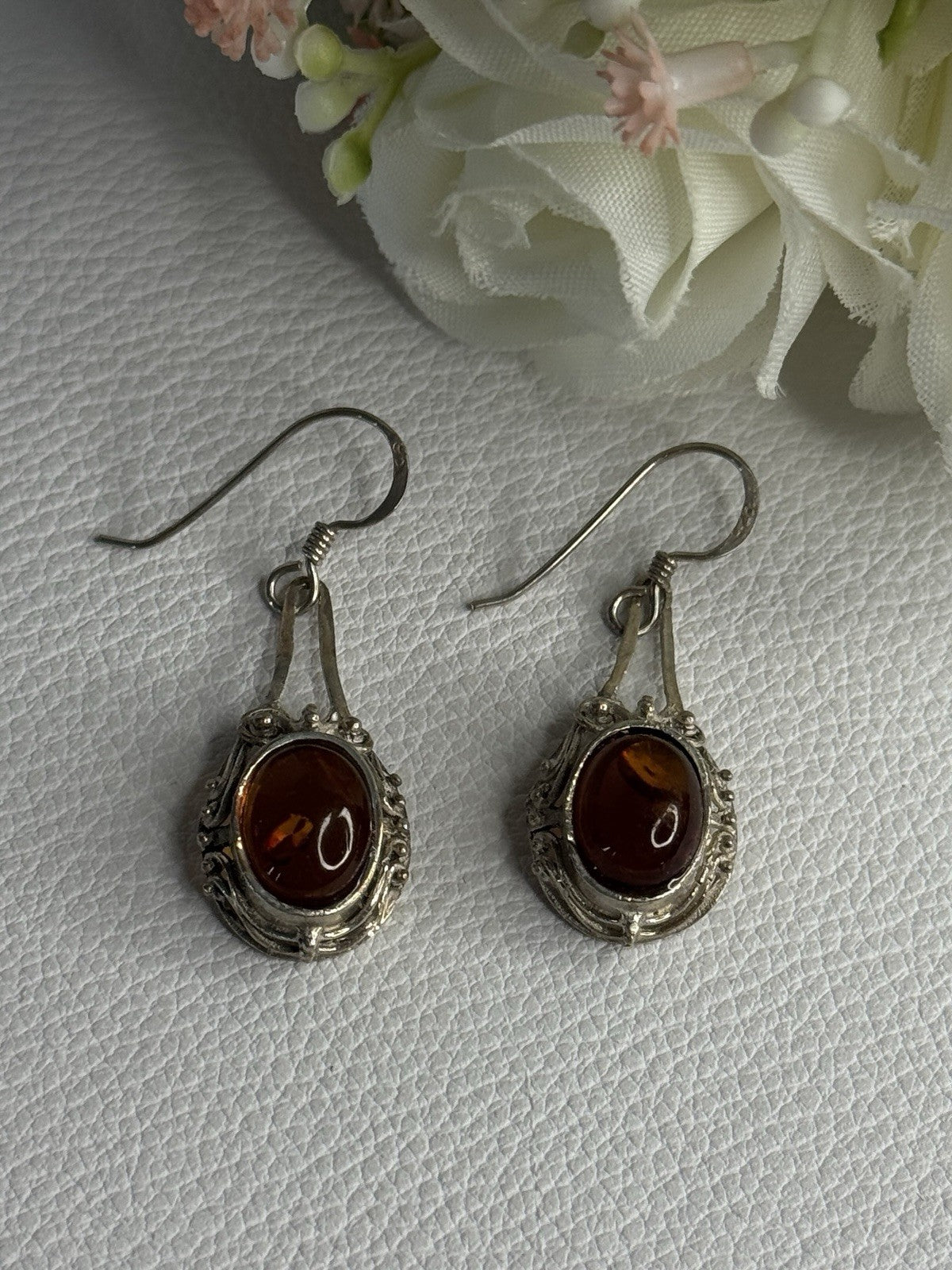 Vintage 925 Sterling Silver Amber Earrings Length 1.40 Inch