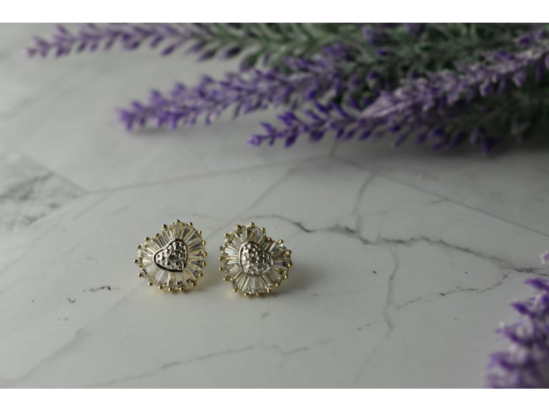 925 Sterling Silver Gold Plated CZ "Heart" Stud Earrings