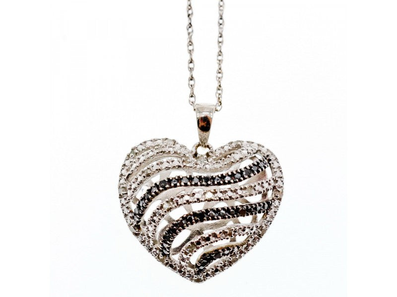 925 Sterling Silver White & Black CZ Heart Chain With Pendant