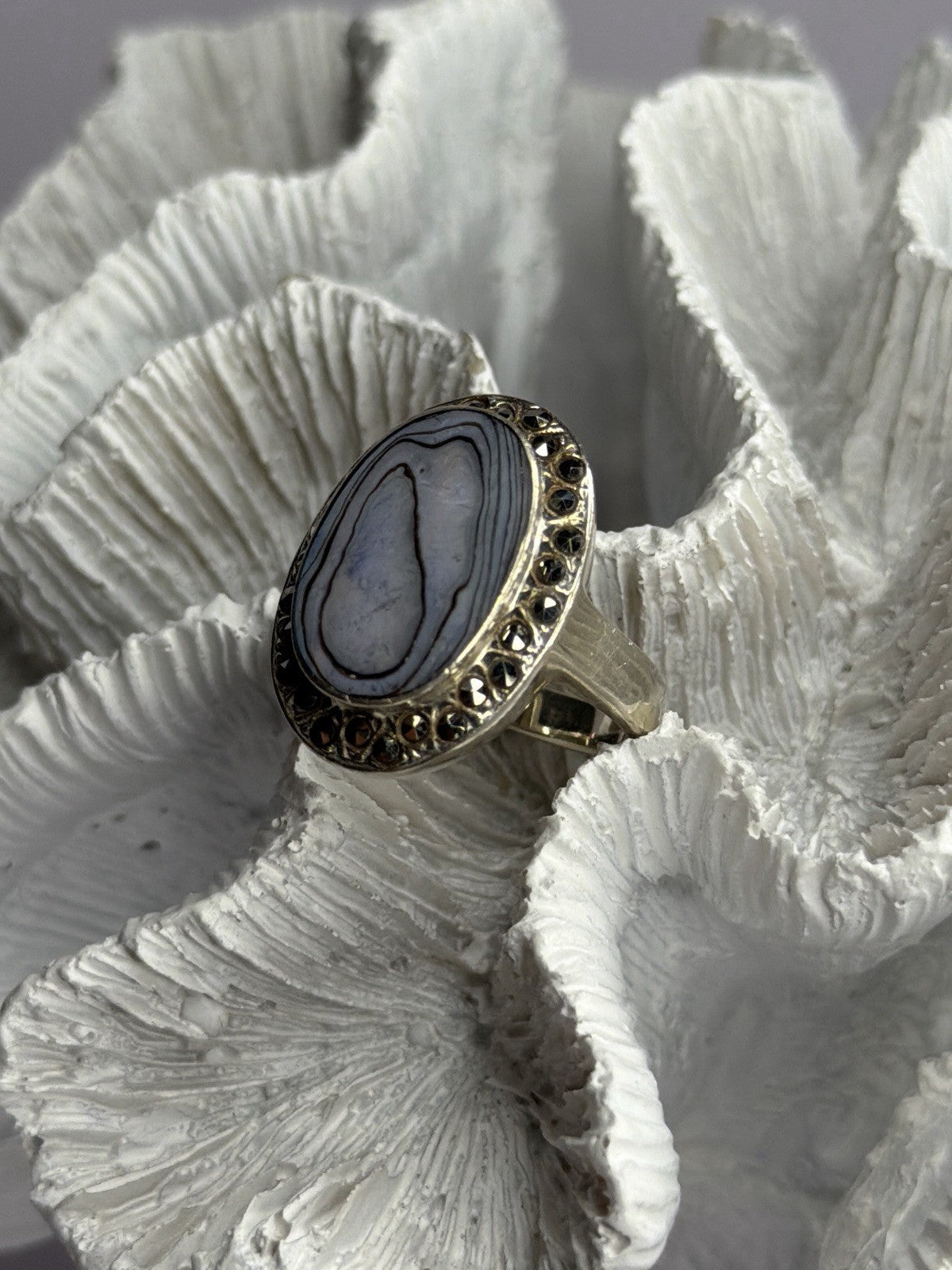 925 Sterling Silver Abalone & Marcasite Ring Size 9