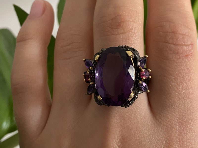 Blackened 925 Sterling Silver With Gilding Amethyst Ring Size 9