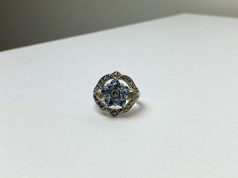 925 Sterling Silver Blue Topaz & Marcasites Ring Size 8