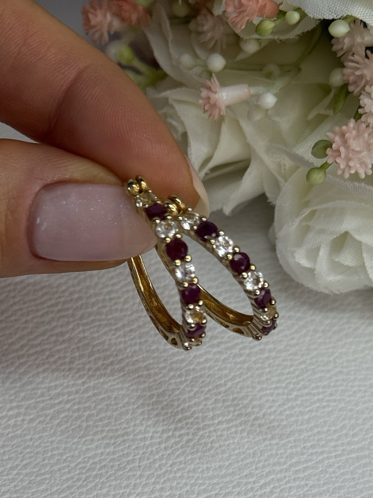 925 Sterling Silver Gold Plated Ruby & Beryl Earrings Length 1.10 Inch