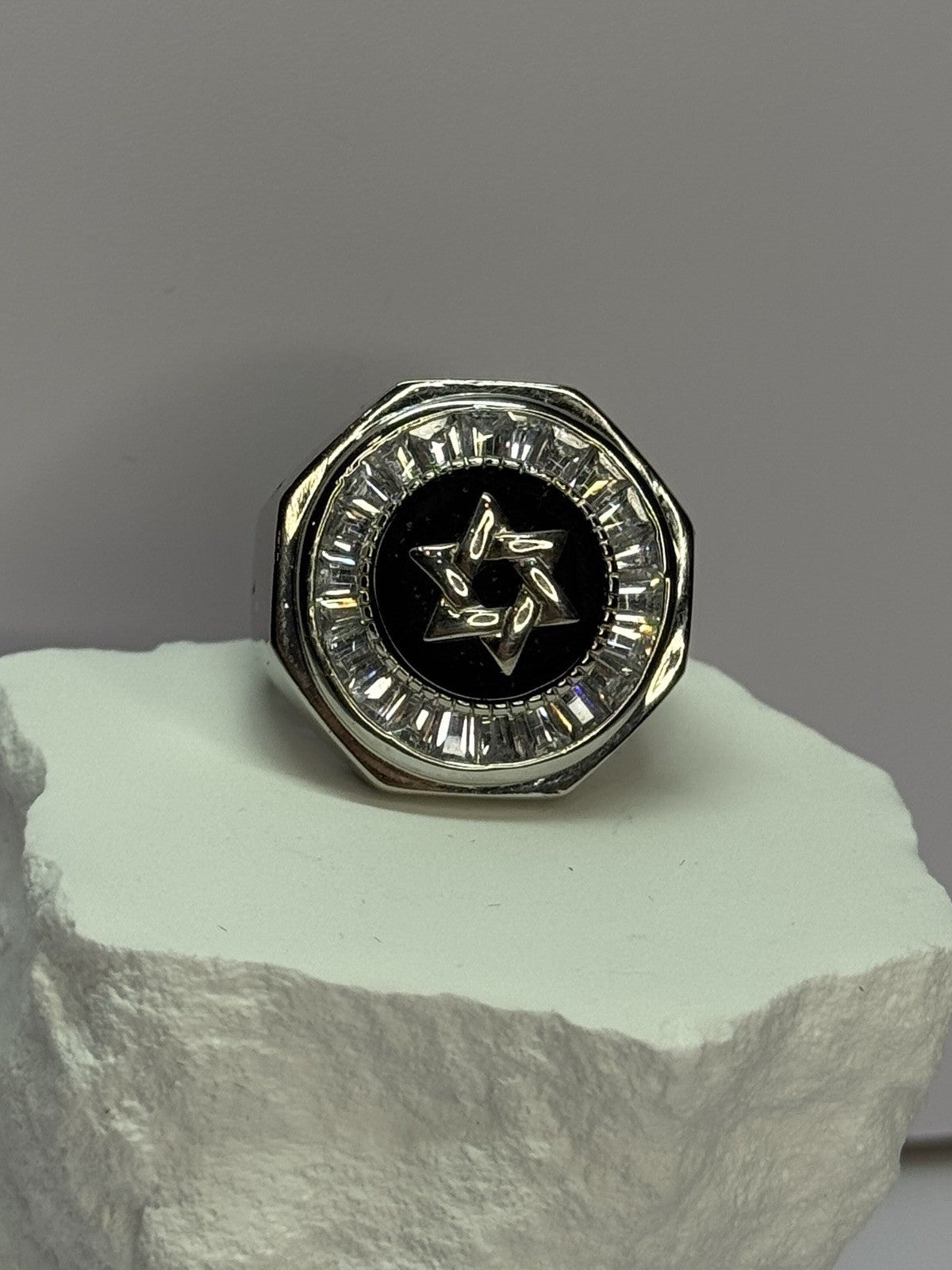 925 Sterling Silver Star of David Onyx & CZ Ring Size 9.5