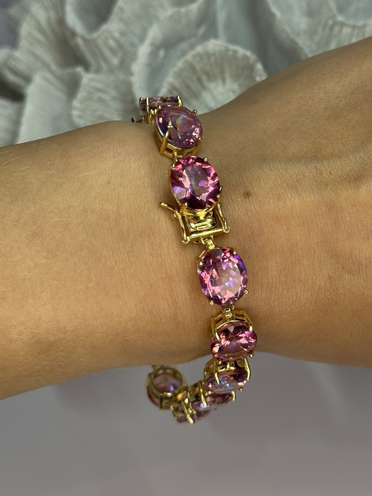 925 Sterling Silver Gold Plated Pink Mystic Topaz Bracelet Length 8.5 Inch