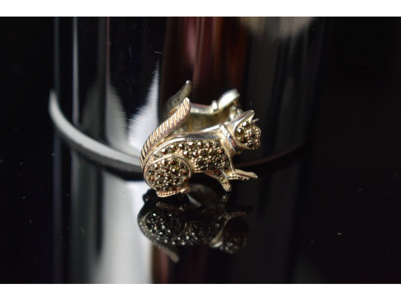 925 Sterling Silver Black Quartz (Morion) "Cat" Brooch