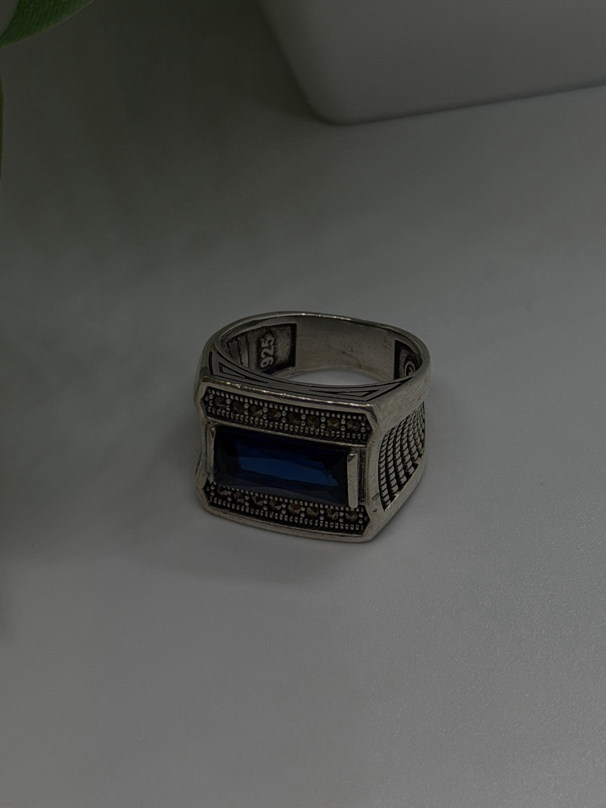 HarlemBling 925 Sterling Silver Sapphire & Marcasite Ring Size 8