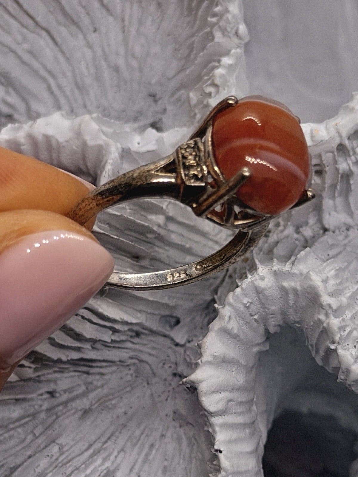 925 Sterling Silver Carnelian & Marcasites Ring Size 7
