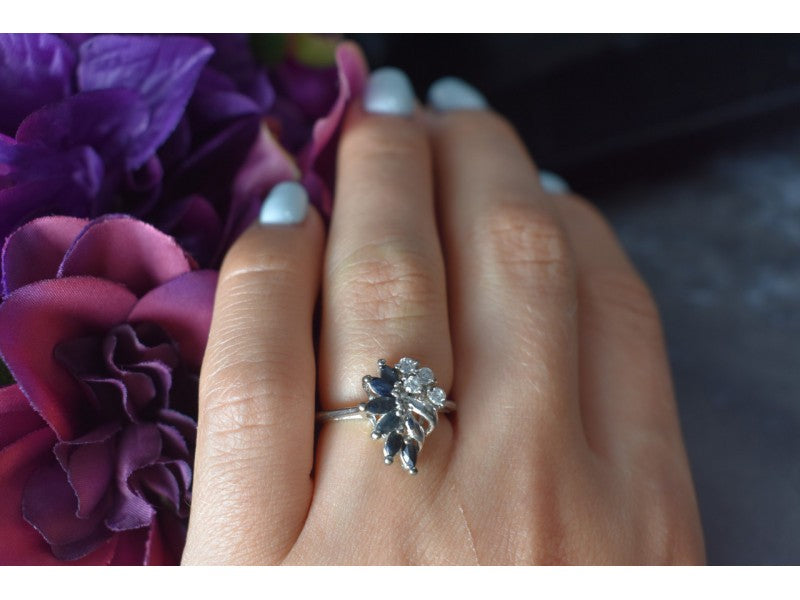 925 Sterling Silver Dark Blue Spinel & CZ Ring Size 6.5