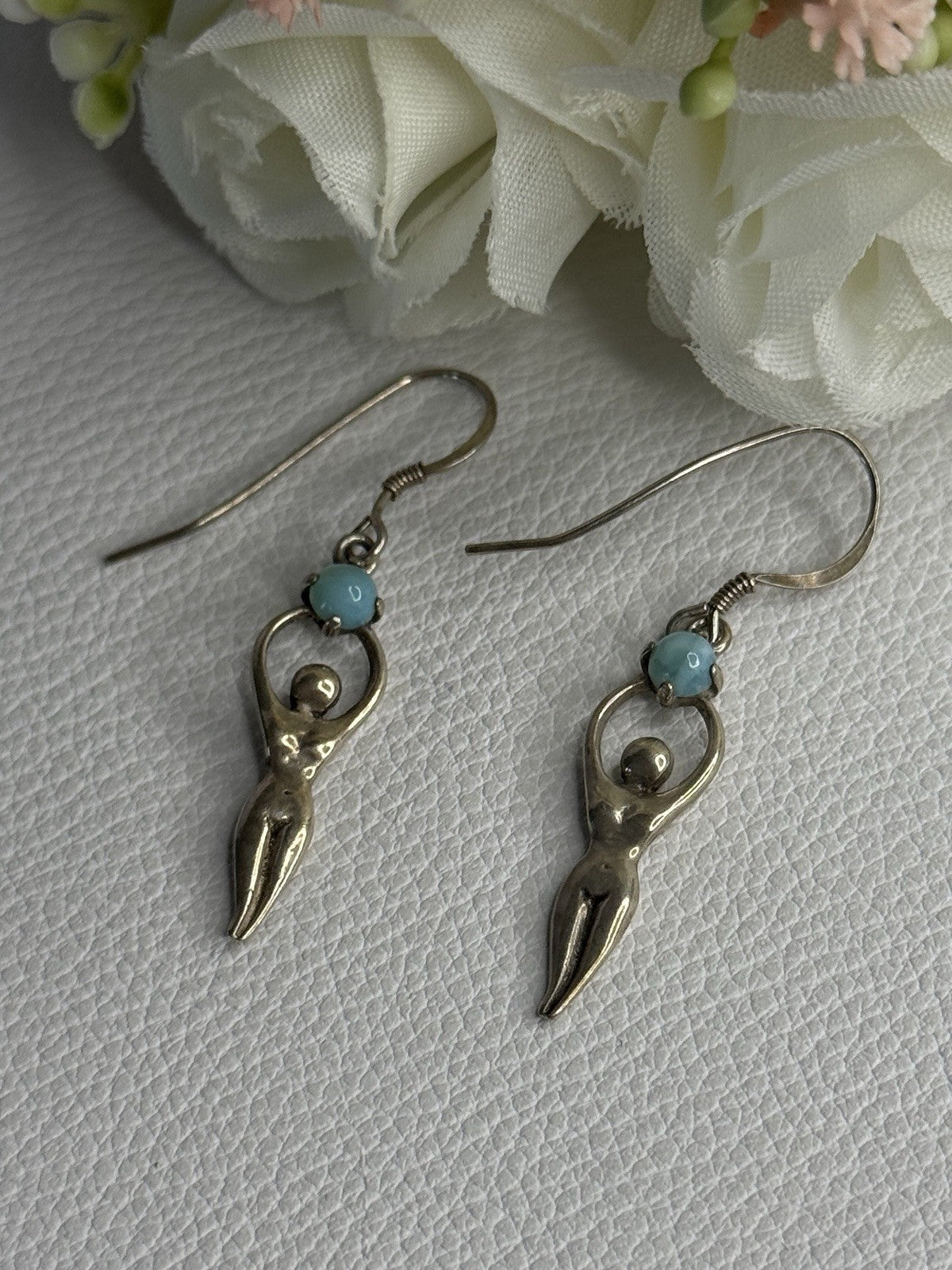 Dancing Girl 925 Sterling Silver Larimar Earrings Length 1.60 Inch