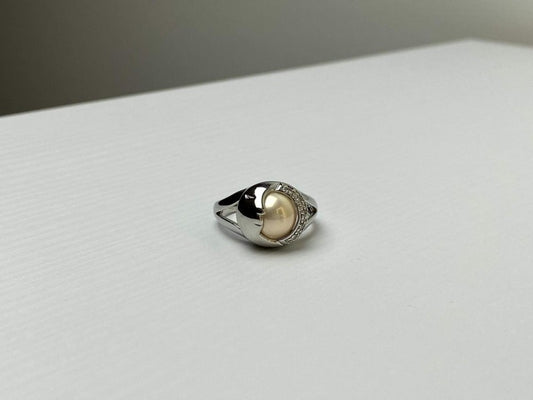 Ring With Pearl and CZ "Moon" Size 7.5
