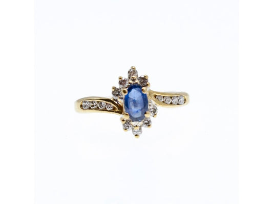 10K Yellow Gold Blue Sapphire & Diamonds Ring Size 5