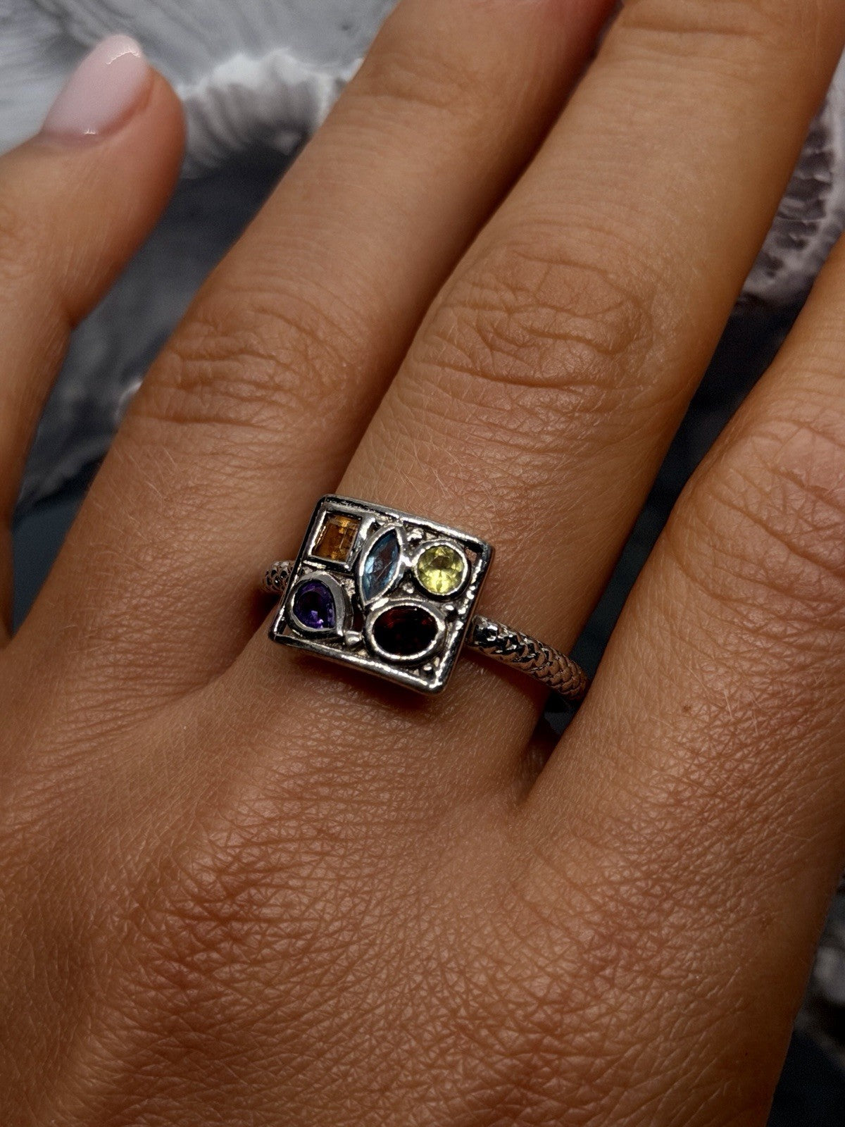 925 Sterling Silver Multi-Gemstone Cluster Ring Size 10