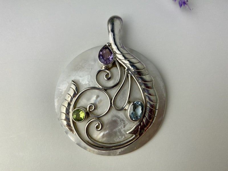 925 Sterling Silver Topaz, Amethyst, Peridot, Mother OF Pearl Pendant