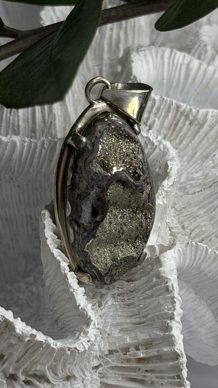 Vintage 925 Sterling Silver Pyritized Ammonite Pendant