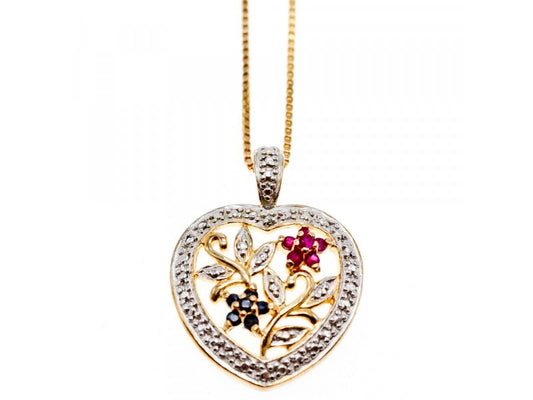 925 Sterling Silver Gold Plated Rubies & Sapphires Chain With Pendant Italy