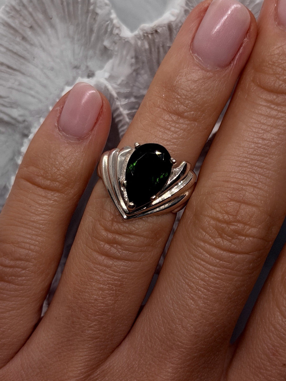 925 Sterling Silver Pear-Shaped Deep Green Tourmaline Ring Size 6