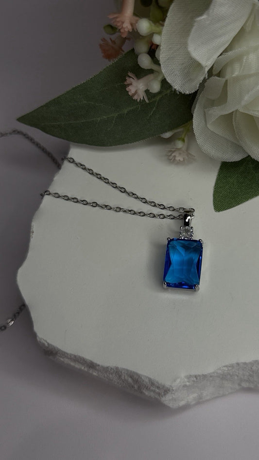 925 Sterling Silver Blue Shiny Cz Necklace Length 16/18 in