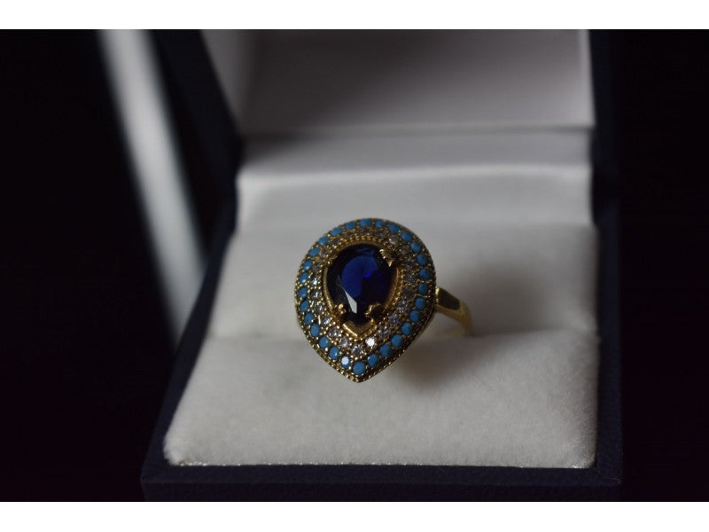 925 Sterling Silver Gold Plated Blue Alpanite, Turquoise & CZ Ring Size 8