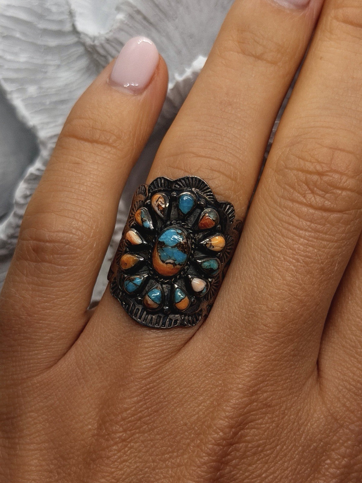Southwestern Floral 925 Sterling Silver Turquoise Spiny Oyster Ring Size 8