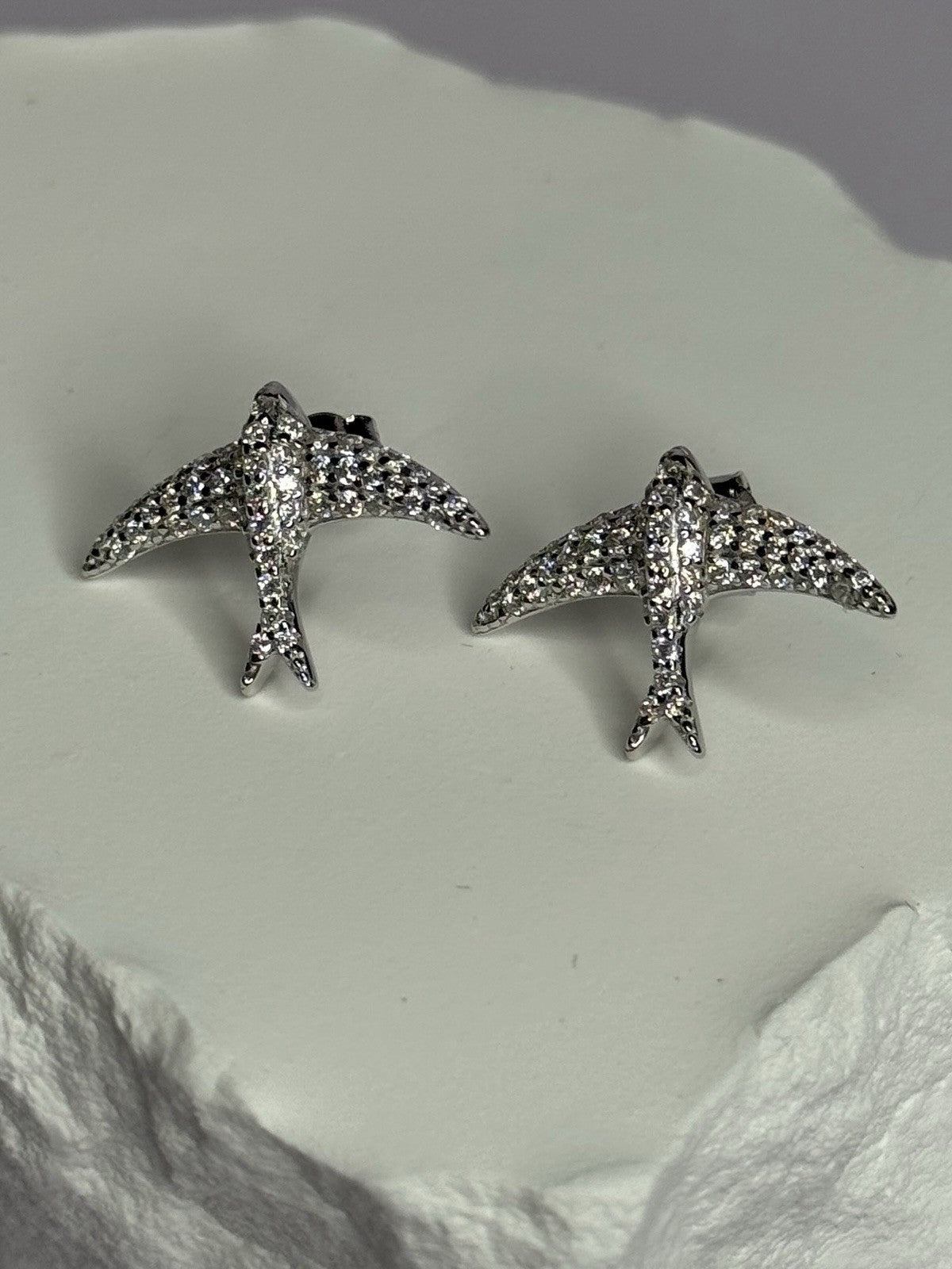 925 Sterling Silver Swallow Stud Earrings CZ Length 0.55 Inch
