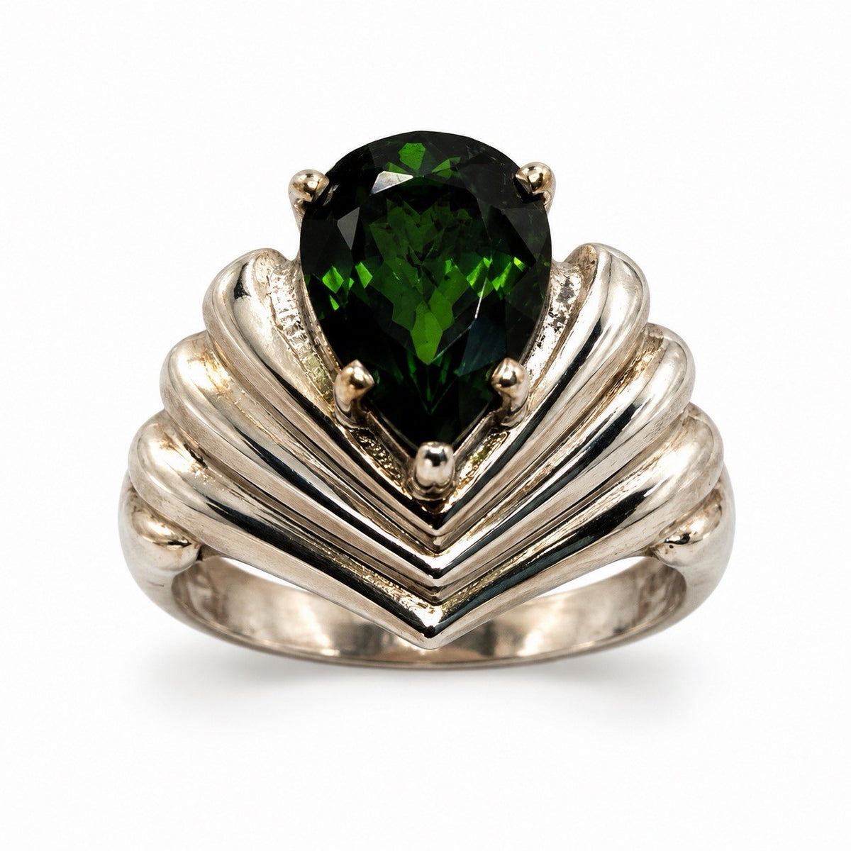 925 Sterling Silver Pear-Shaped Deep Green Tourmaline Ring Size 6