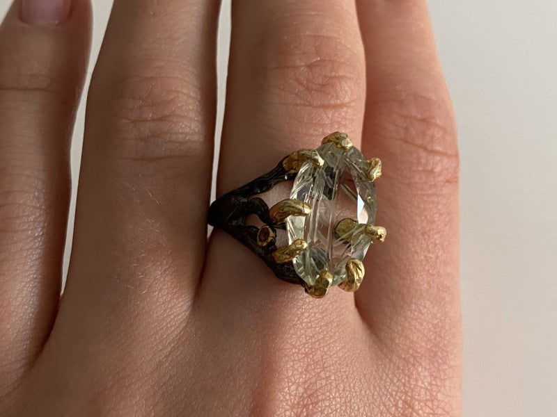 925 Blackened Silver With Gilding Green Amethyst & Heliodor Ring Size 9.75