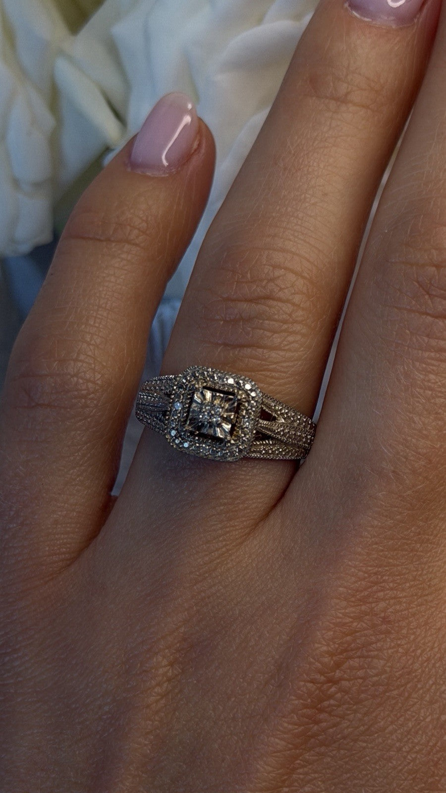 Vintage Princess Cut 925 Sterling Silver Diamonds Ring Size 7
