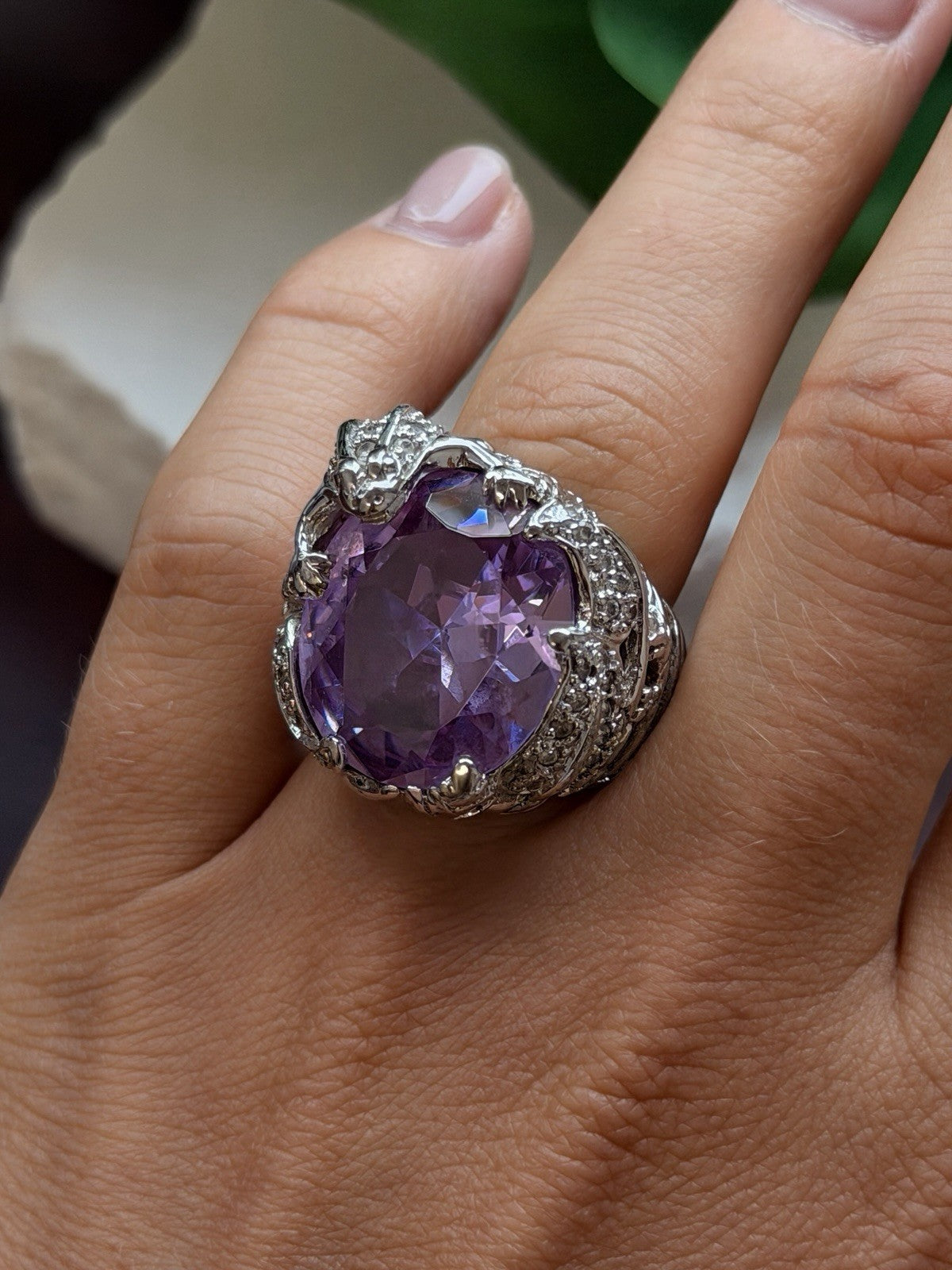 925 Sterling Silver Frog Ring Large Purple Amethyst & White Clear Beryl Size 7