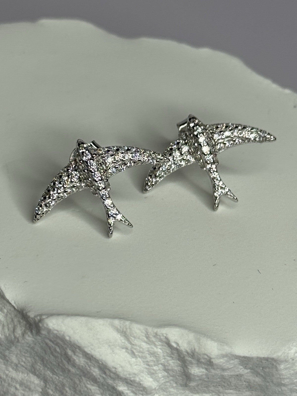 925 Sterling Silver Swallow Stud Earrings CZ Length 0.55 Inch