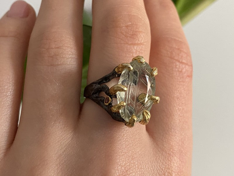 925 Blackened Silver With Gilding Green Amethyst & Heliodor Ring Size 9.75