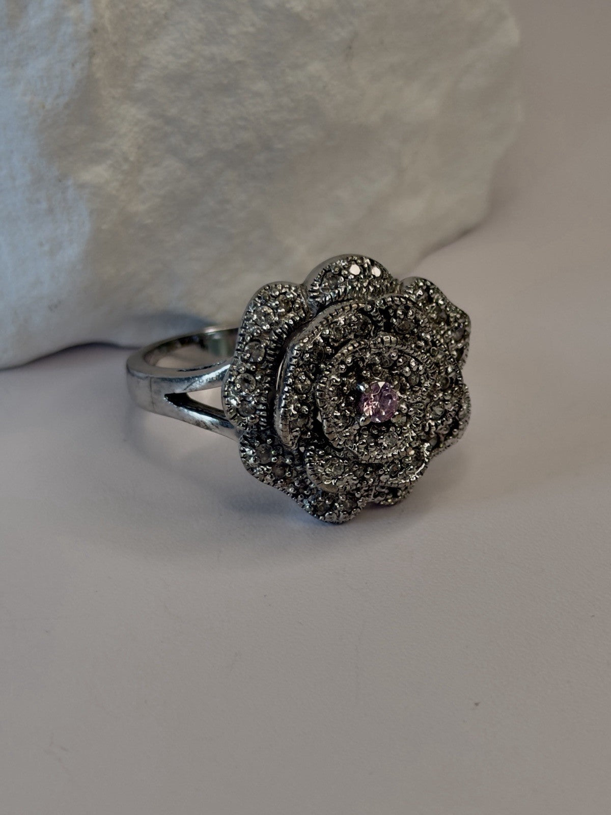 Sparkling Floral 925 Sterling Silver Pink & Clear Sapphire Stones Ring Size 11
