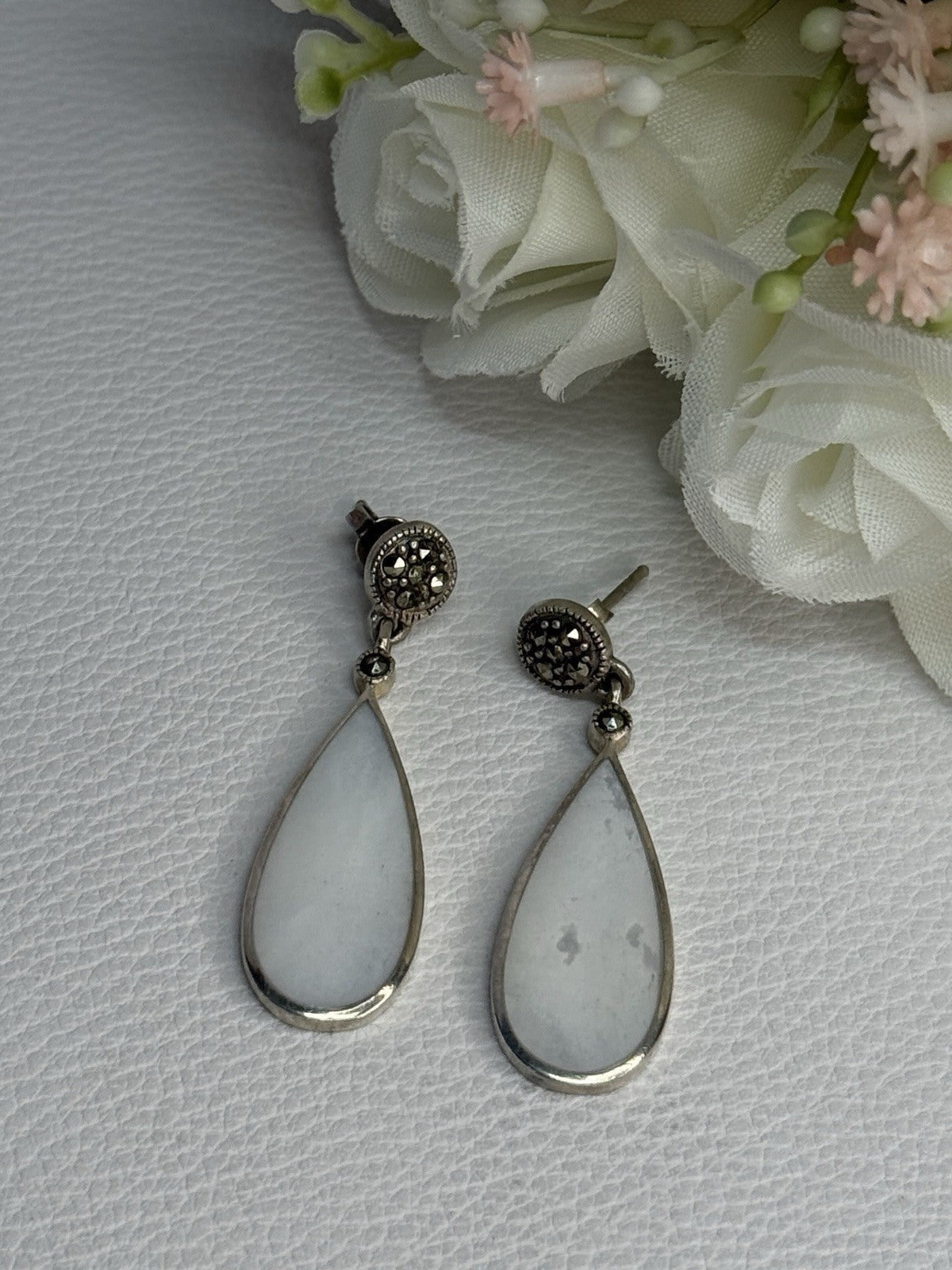 Vintage 925 Sterling Silver Abalone & Marcasite Earrings Length 1.60 Inch