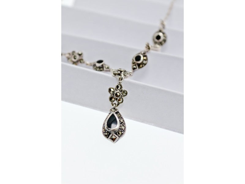 925 Sterling Silver Nephrite & Marcasite Necklase