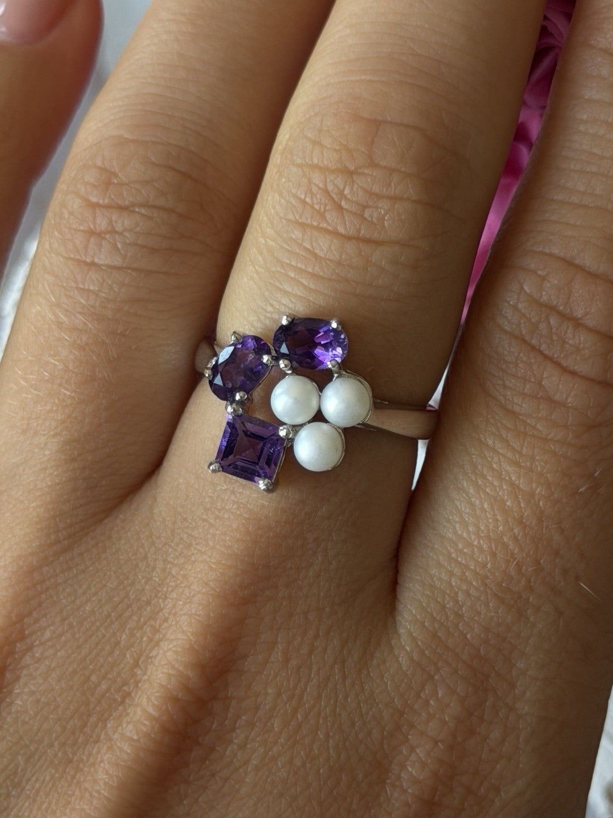 925 Sterling Silver Amethyst & Pearl Ring Size 8