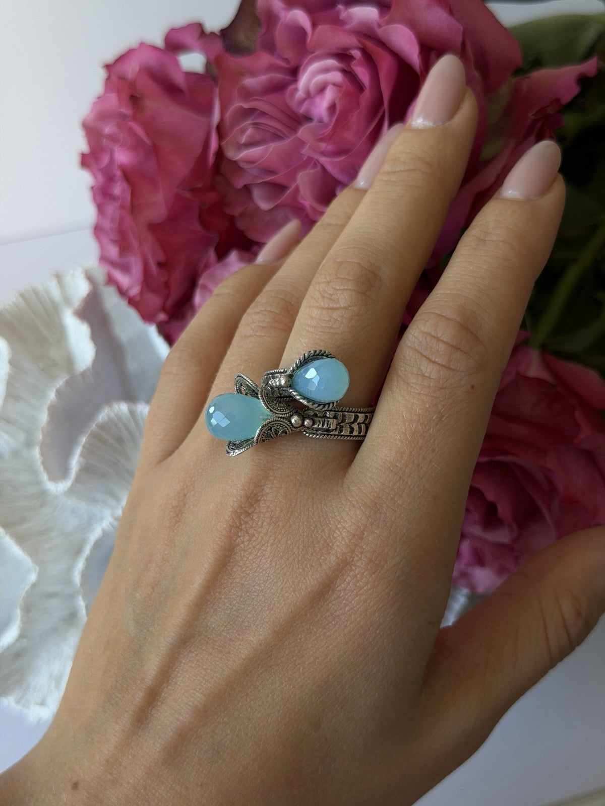 925 Sterling Silver Blue Chalcedony Ring Size 11 Sizable