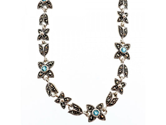 925 Sterling Silver Topaz & Marcasites "Flowers" Necklace