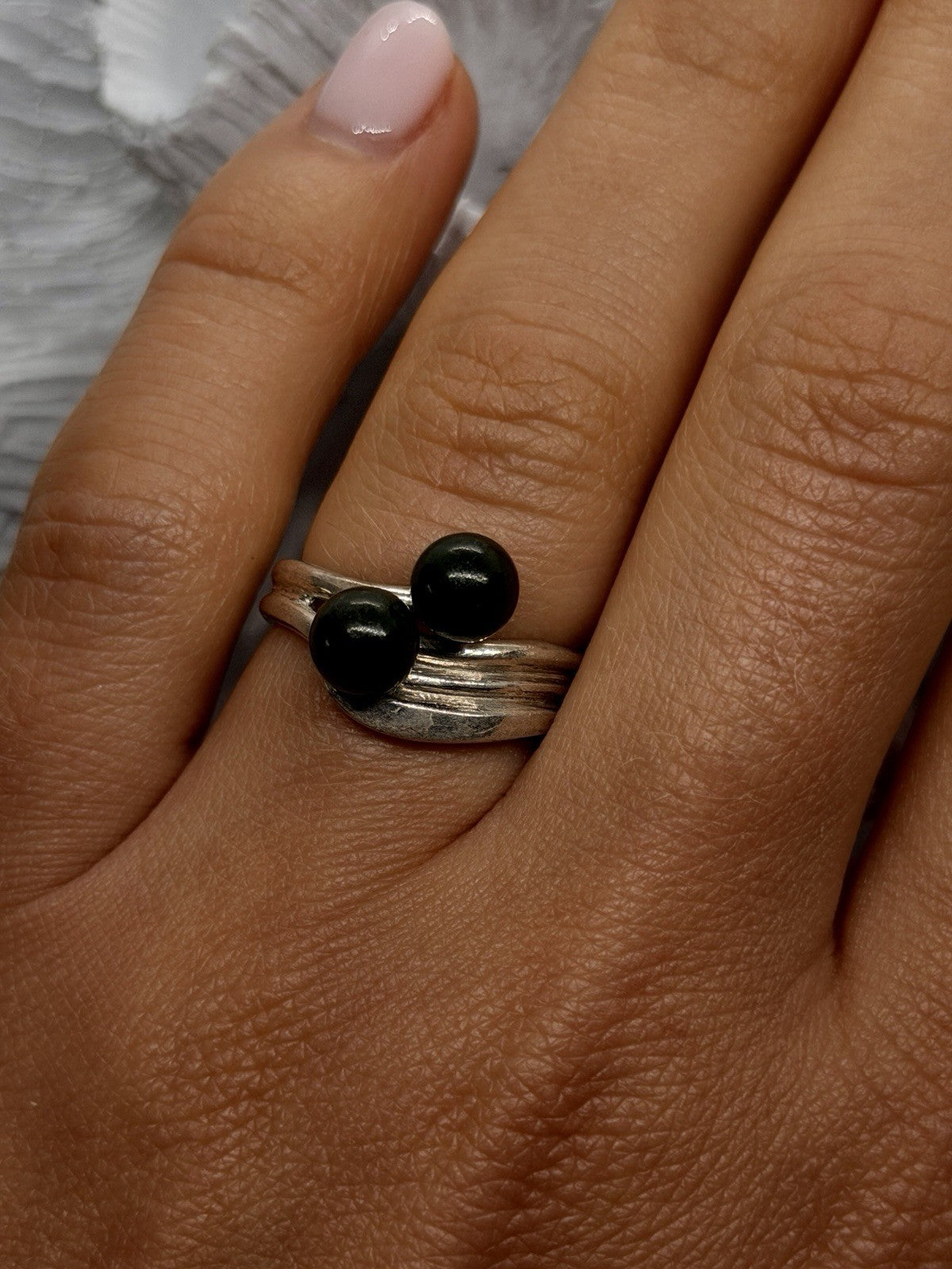 Vintage 925 Sterling Silver Double Green Jade Ring Size 6