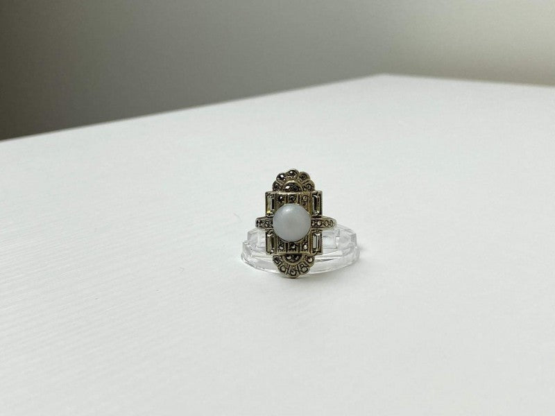 Vintage 925 Sterling Silver Agate, Goshenite & Marcasites Ring Size 5.5