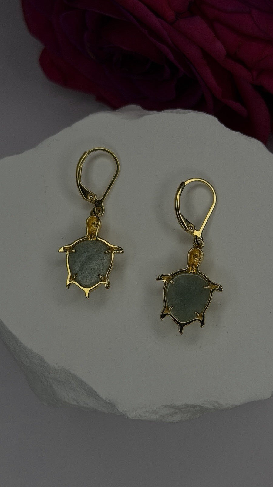 925 Sterling Silver Gold Plated Dynasty Jade Turtle Lever back Earrings