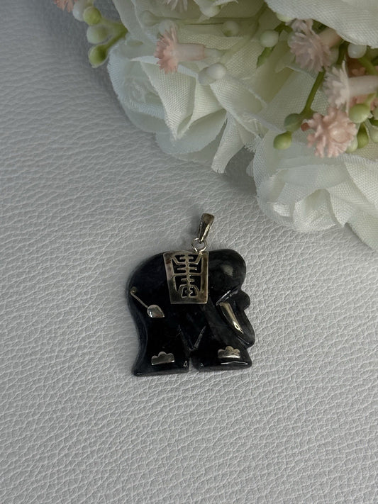 925 Sterling Silver Jade Elephant Pendant Length 1.20 Inch