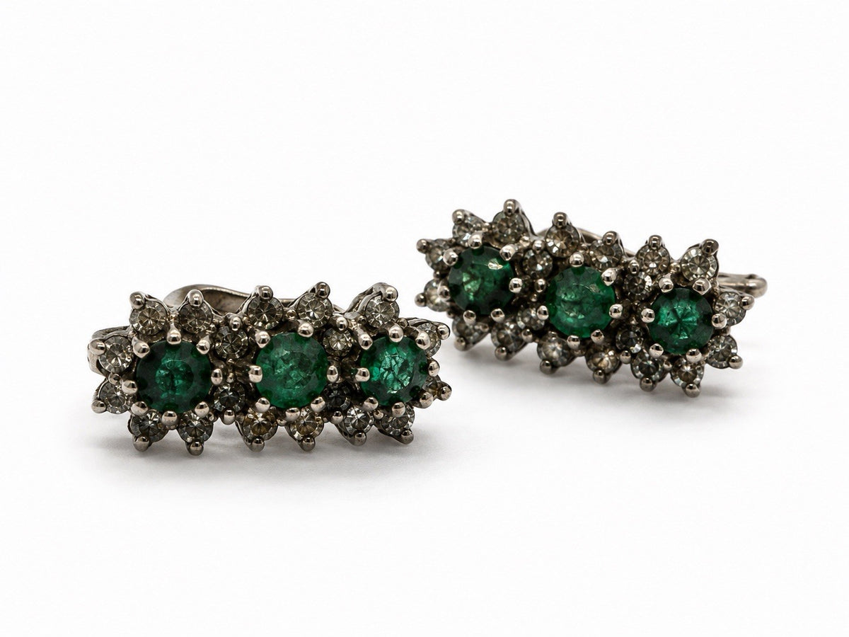 Floral Design 925 Sterling Silver Emerald & White Topaz Earrings